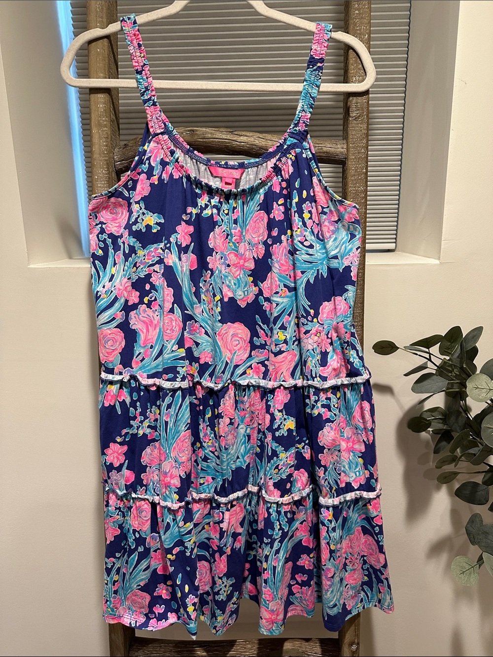 Lilly Pulitzer Navy Floral Tiered Sundress with Pink & Aqua Print